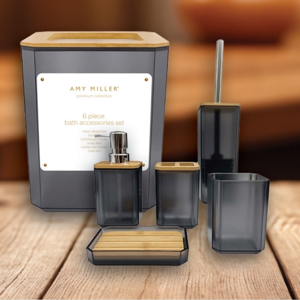 Amy Miller 6 PC Black & Bamboo Tan Bath Accessories Set.